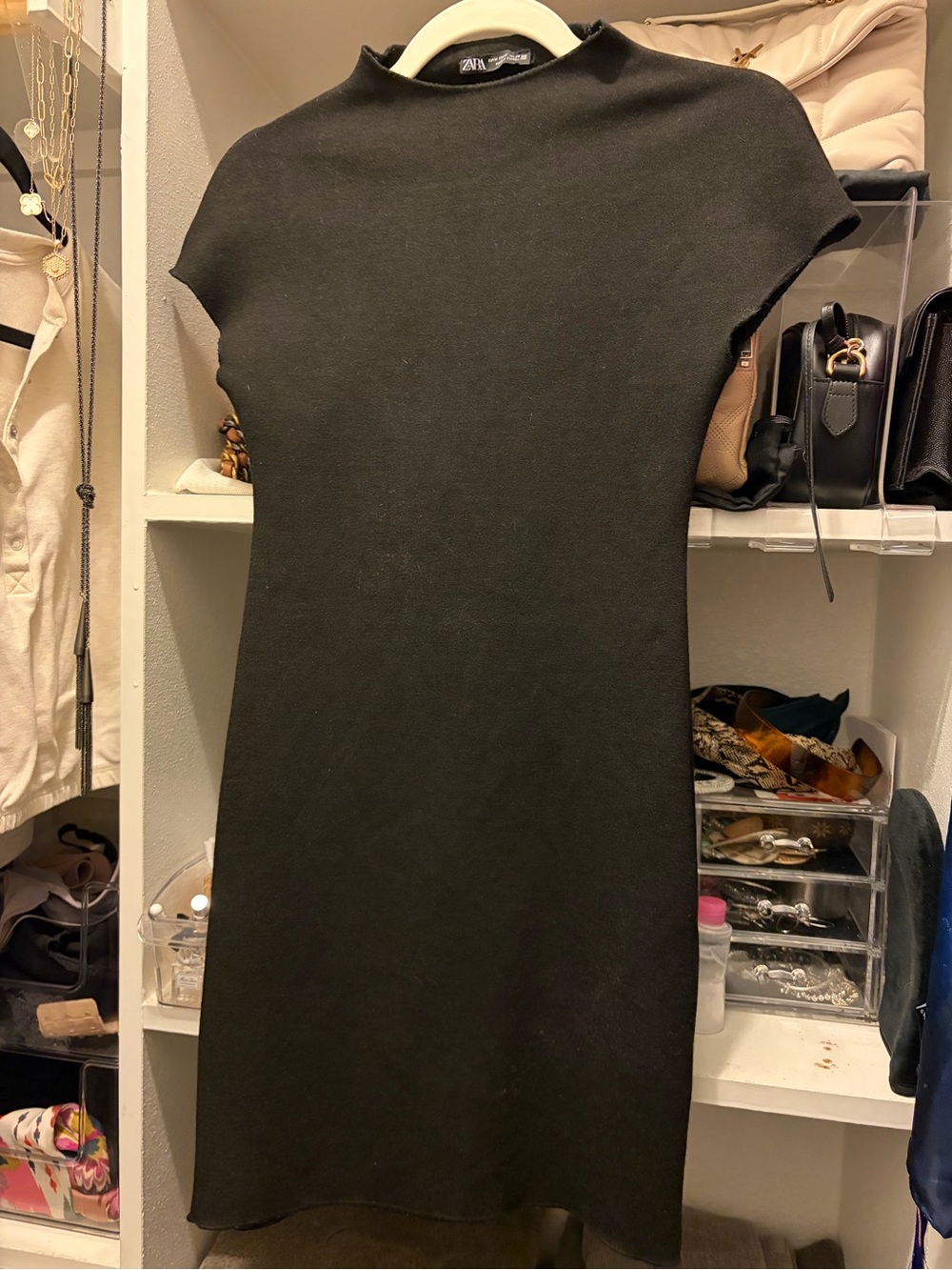 Zara Black Short-Sleeve Midi Knit Dress